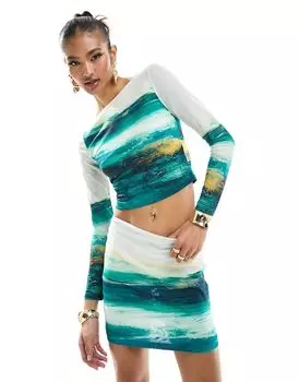 Farai London – Clio – комплект из топа с длинными рукавами и мини-юбки в бело-бирюзовую расписную сетку