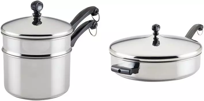 Farberware Classic, серия из нержавеющей стали, 2-квартовая двойная пароварка с крышкой и классическая кастрюля/сковорода/сковорода с крышкой и вспомогательной ручкой — 4,5 литра, серебро