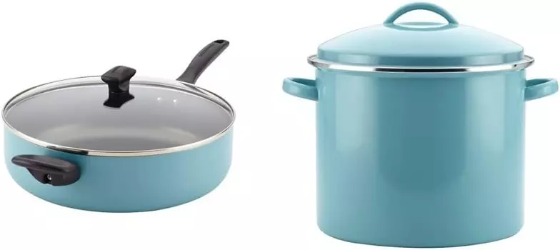 Farberware можно мыть в посудомоечной машине Большая плита/сотейник с антипригарным покрытием и вспомогательной ручкой — 6 литров, синяя и эмалированная стальная кастрюля/кастрюля с крышкой — 16 литров, цвет морской волны