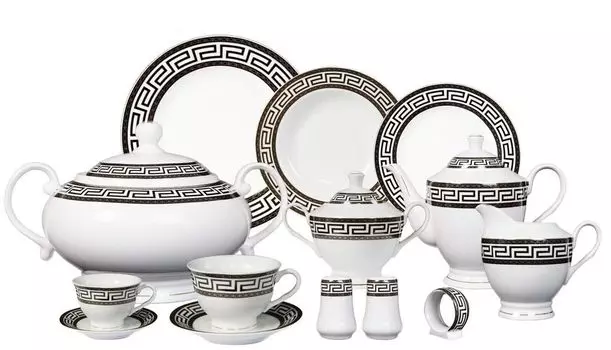 Фарфоровый сервиз, 57 предметов, обеденный сервиз Medusa Maeander белый/черный Bachmayer