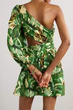 FARM RIO Мини-платье с одним рукавом и вырезом из смесовой льняной ткани, зеленый