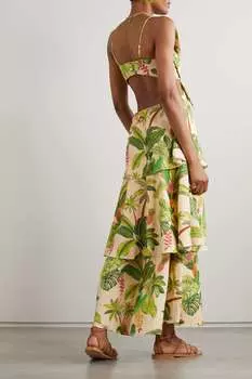FARM RIO платье макси Fruit Forest с открытой спиной и цветочным принтом из смесового льна, зеленый