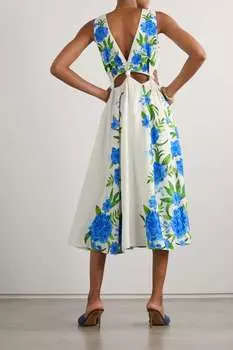 FARM RIO платье миди из смесового льна с цветочным принтом и вырезами, белый