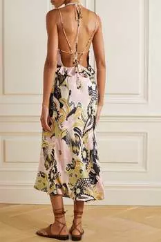 FARM RIO Платье миди из жоржета с принтом и оборками на открытой спине, розовый