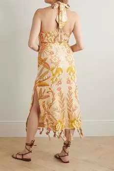 FARM RIO Платье миди Jungle Chic с вырезом и принтом из смесовой льняной ткани с вырезом халтер, желтый