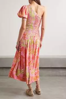 FARM RIO Платье миди со сборками и принтом с одним рукавом, розовый