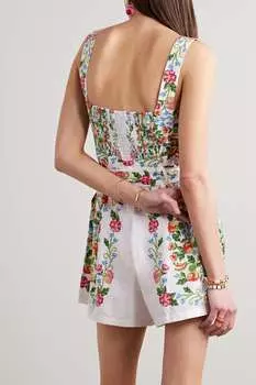 FARM RIO Присборенный комбинезон с поясом и цветочным принтом из смесового льна, мультиколор