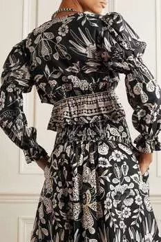 FARM RIO Укороченная блузка из хлопка и сатина с цветочным принтом, черный