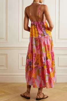 FARM RIO Ярусное платье макси из хлопка с цветочным принтом и отделкой крючком, апельсин