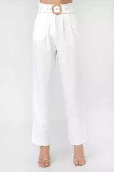 FASHNZFAB Однотонные брюки с талией Paperbag и ремнем с пряжкой из ротанга, кремовый