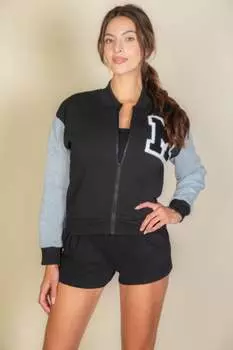 FASHNZFAB Женская университетская куртка с нашивками и полосатой отделкой, черный/серый