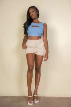FASHNZFAB Женские шорты из французского трикотажа с завязками на карманах, цвет stone