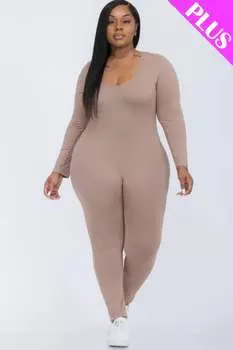 FASHNZFAB Женский комбинезон большого размера с круглым вырезом и длинными рукавами, серо-коричневый