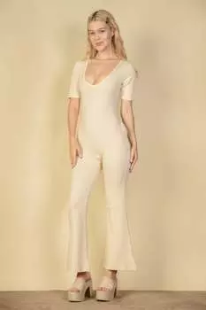 FASHNZFAB Женский комбинезон-клеш с короткими рукавами из французского трикотажа, бежевый