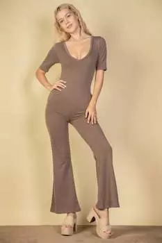 FASHNZFAB Женский комбинезон-клеш с короткими рукавами из французского трикотажа, серо-коричневый