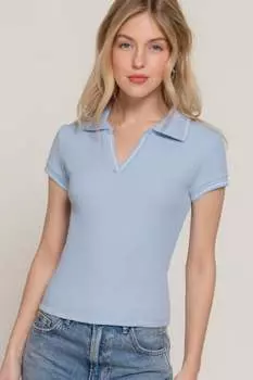 FASHNZFAB Женский короткий топ-поло с отделкой Slv Line, светло-голубой