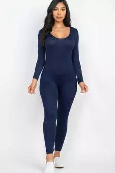 FASHNZFAB Женский облегающий комбинезон с круглым вырезом и длинными рукавами, темно-синий