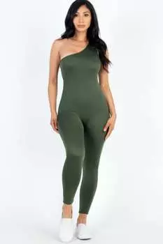 FASHNZFAB Женский однотонный комбинезон на одно плечо, оливковый