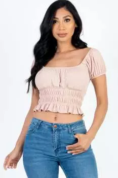 FASHNZFAB Женский повседневный топ с рюшами и рукавами-фонариками из рубчатой вязки, красный