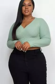 FASHNZFAB Женский топ больших размеров с ребристым запахом спереди и длинными рукавами, цвет green bay