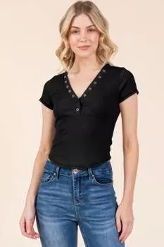FASHNZFAB Женский топ с кружевной вставкой и кнопками, с обратной строчкой, черный