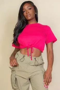 FASHNZFAB Женский укороченный топ с завязками спереди и короткими рукавами, фуксия