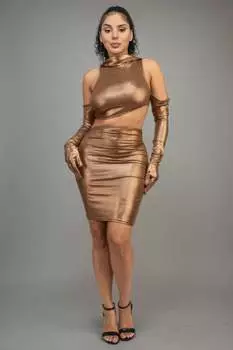 FASHNZFAB Женское короткое платье с перчатками и капюшоном, цвет bronze