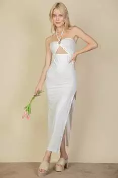 FASHNZFAB Женское макси-платье с вырезом спереди и боковыми разрезами, белый