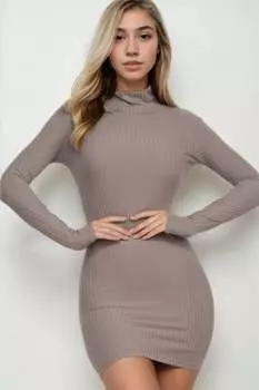 FASHNZFAB женское облегающее мини-платье с ребристым воротником, серо-коричневый