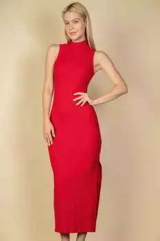FASHNZFAB женское облегающее платье макси с ребристым воротником и боковыми разрезами без рукавов, красный