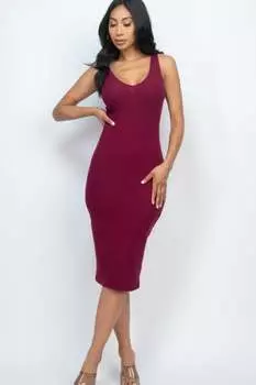 FASHNZFAB женское облегающее платье миди с разрезом сзади в рубчик, цвет burgundy