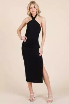 FASHNZFAB женское платье-халтер с завязками крест-накрест в рубчик средней длины, черный
