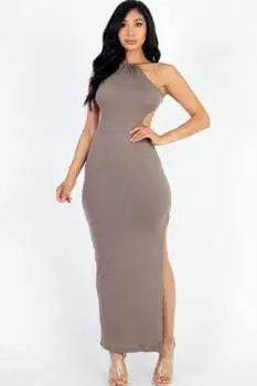 FASHNZFAB Женское Платье Макси с Открытой Спиной и Разрезом На Бедре, серо-коричневый