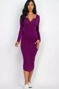 FASHNZFAB женское платье миди с разрезом на шее и длинными рукавами, фиолетовый
