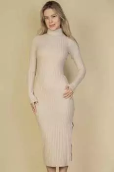 FASHNZFAB Женское платье-свитер с пушистым воротником и разрезом на бедре, цвет apricot