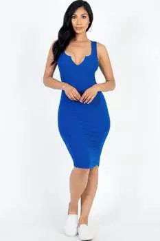 FASHNZFAB Женское повседневное облегающее платье с разрезом на шее и ребристым узором, цвет royal