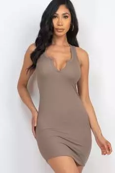 FASHNZFAB женское ребристое мини-платье с разрезом на шее, серо-коричневый