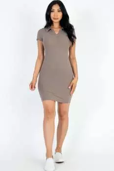 FASHNZFAB женское ребристое поло с коротким рукавом облегающее мини-платье, серо-коричневый