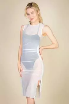 FASHNZFAB женское сетчатое платье миди с завязками по бокам, белый
