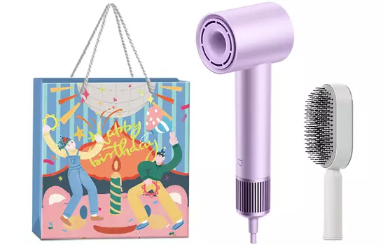 Фен MI H501 1600W с отрицательными ионами для бережного ухода за волосами Mi, H501 Purple Massage Airbag Comb + Birthday Gift Bag [Set]