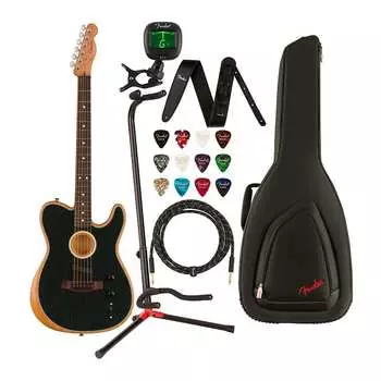 Fender Acoustasonic Player 6-String Telecaster Acoustic-Electric Guitar (черный) Комплект с сумкой для гитары, кожаным ремнем, инструментальным кабелем, регулируемой подставкой, тюнером, гитарными струнами и медиатором