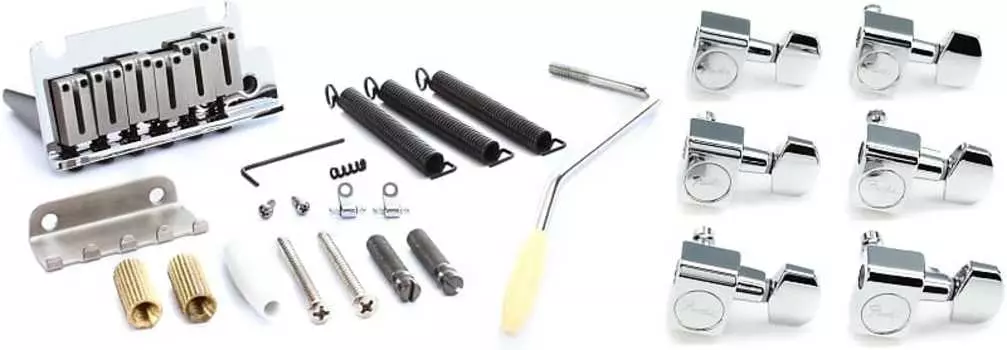 Fender American Series Strat Tremolo Bridge Assembly — хромированный комплект с Fender American Professional Staggered Stratocaster/Telecaster Tuning Machines Set — Chrome 0990820100=1 0992050000=1