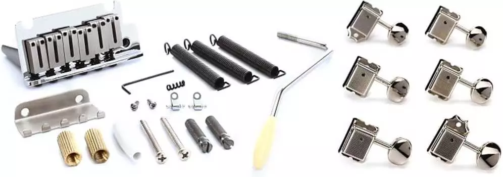 Fender American Series Strat Tremolo Bridge Assembly — хромированный комплект с Fender American Vintage Stratocaster-Telecaster Tuning Machines Set — Nickel 0992040000=1 0992050000=1