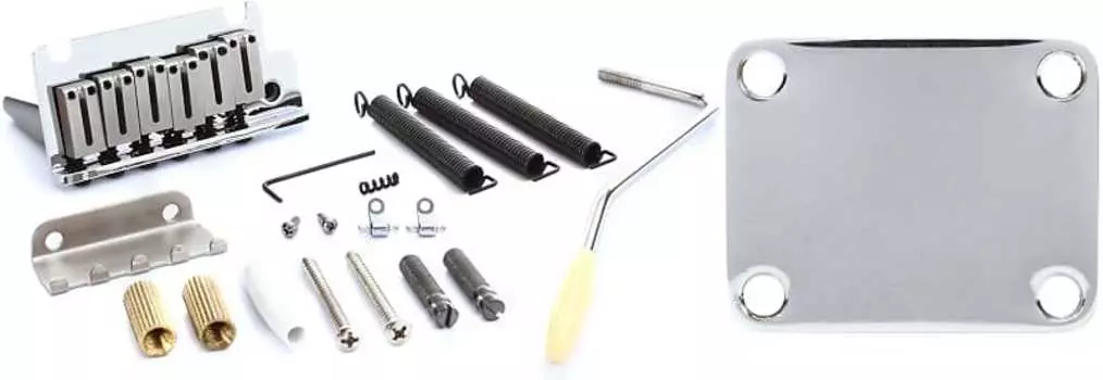 Fender American Series Strat Tremolo Bridge в сборе — хромированный комплект с пластиной гитарного грифа Fender Road Worn с фурнитурой 0997216000=1 0992050000=1