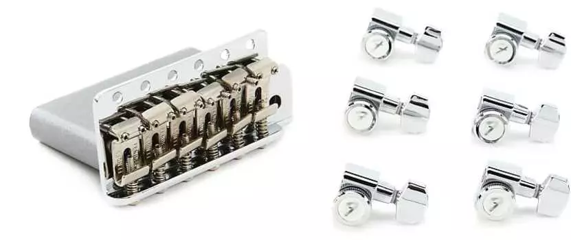 Fender American Vintage Strat Tremolo Bridge Assembly — Хромированный комплект с замком Fender Stratocaster/Telecaster Tuning Machines Set — Chrome 0992049000=1 0990818100=1