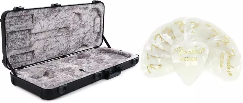 Fender Deluxe Molded Stratocaster/Telecaster Case — черный комплект с целлулоидными медиаторами Fender 351 Shape Premium — Medium White Moto, 12 упаковок 0996102306=1 1980351805=1