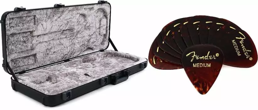 Fender Deluxe Molded Stratocaster/Telecaster Case — черный комплект с медиаторами из целлулоида премиум-класса Fender 351 Shape — Medium Shell, 12 упаковок 0996102306=1 1980351800=1