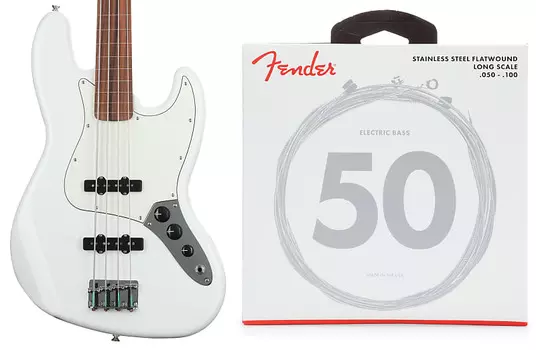 Fender Player Fretless Jazz Bass - Polar White с накладкой Pau Ferro Комплект струн Fender 9050ML из нержавеющей стали с плоской обмоткой для бас-гитары - .050-.100 Medium Light 0149933515=1 0739050405=1