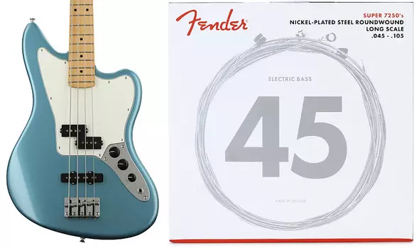 Fender Player Jaguar Bass - Tidepool с кленовой накладкой в ​​комплекте со струнами Fender 7250M из никелированной стали с длинной шкалой для бас-гитары - .045-.105 Medium 0149302513=1 0737250406=1