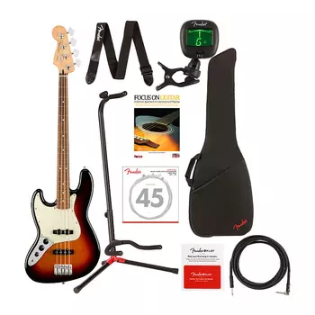 Fender Player Jazz Bass 4-String Guitar (Pau Ferro Fingerboard, Left-Handed, 3-Color Sunburst) Комплект с сумкой для гитары, струнами, кабелем, тюнером, подставкой, ремнем и предоплаченной картой